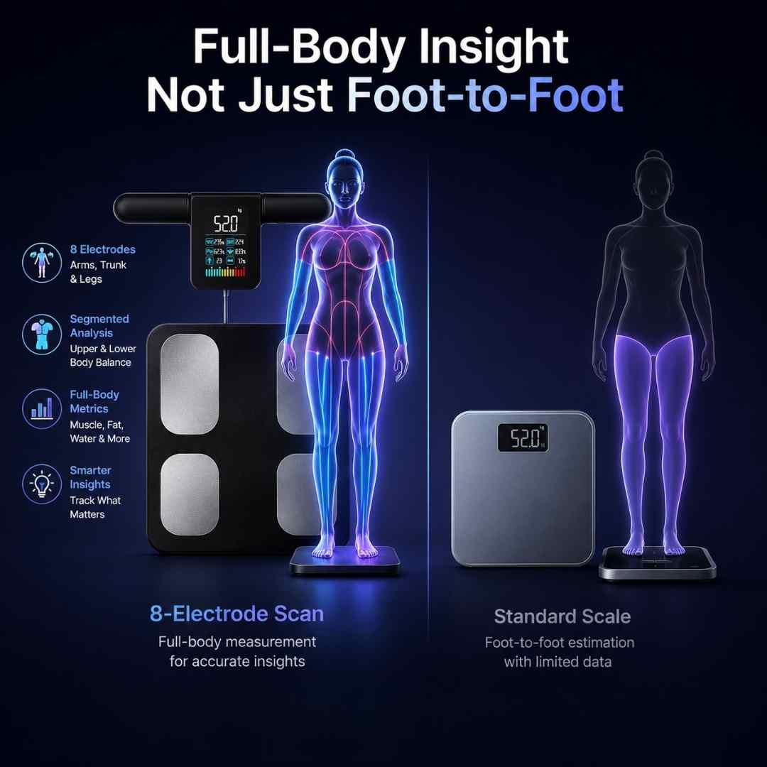 Health scale with full-body insight features on a dark background