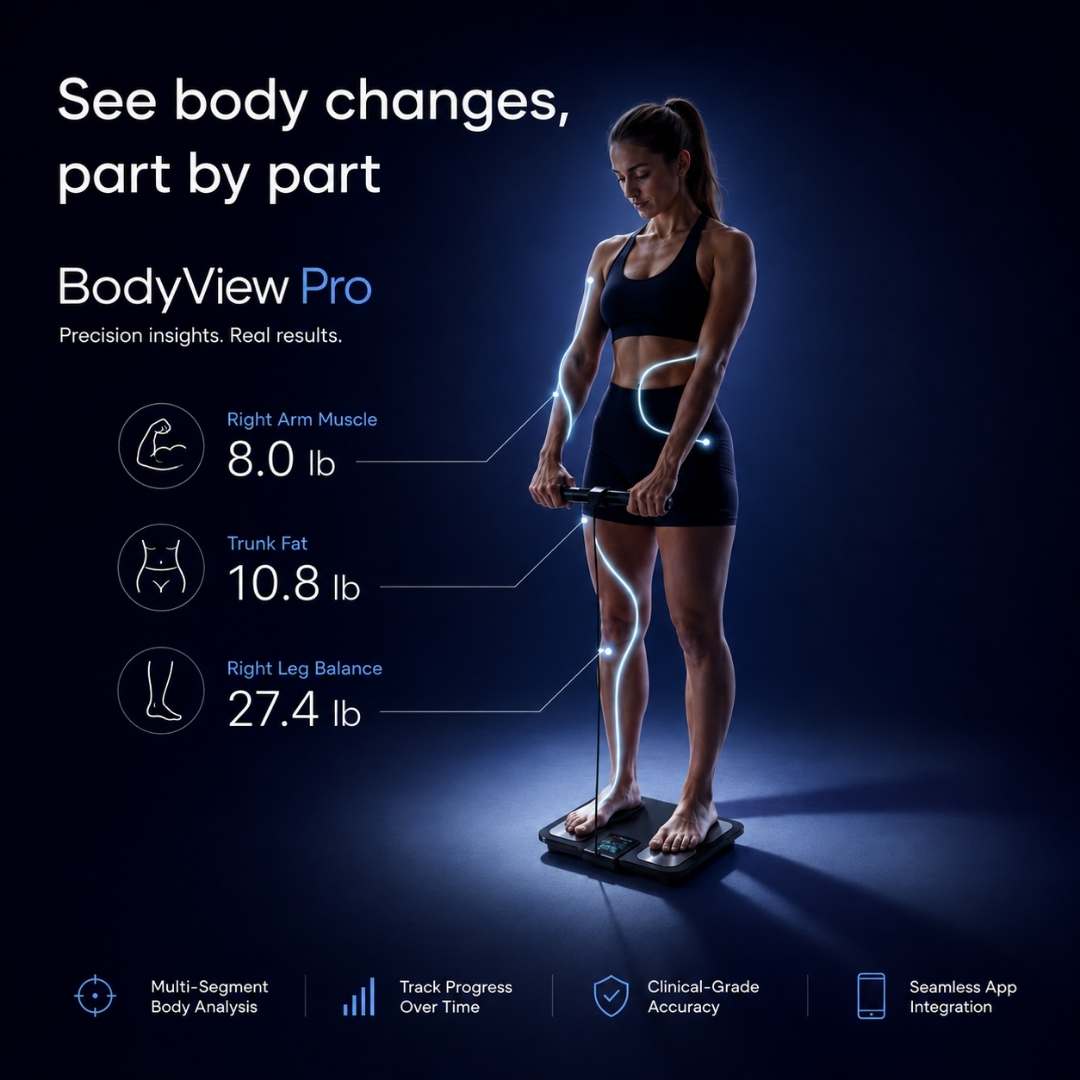 Woman using a BodyView Pro device with body analysis graphics on a dark background