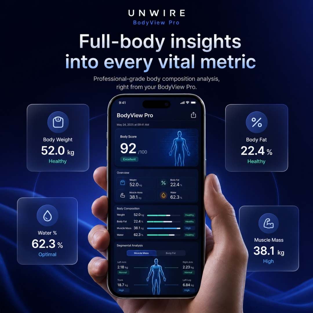 Hand holding a smartphone displaying BodyView Pro app with health metrics on a dark blue background
