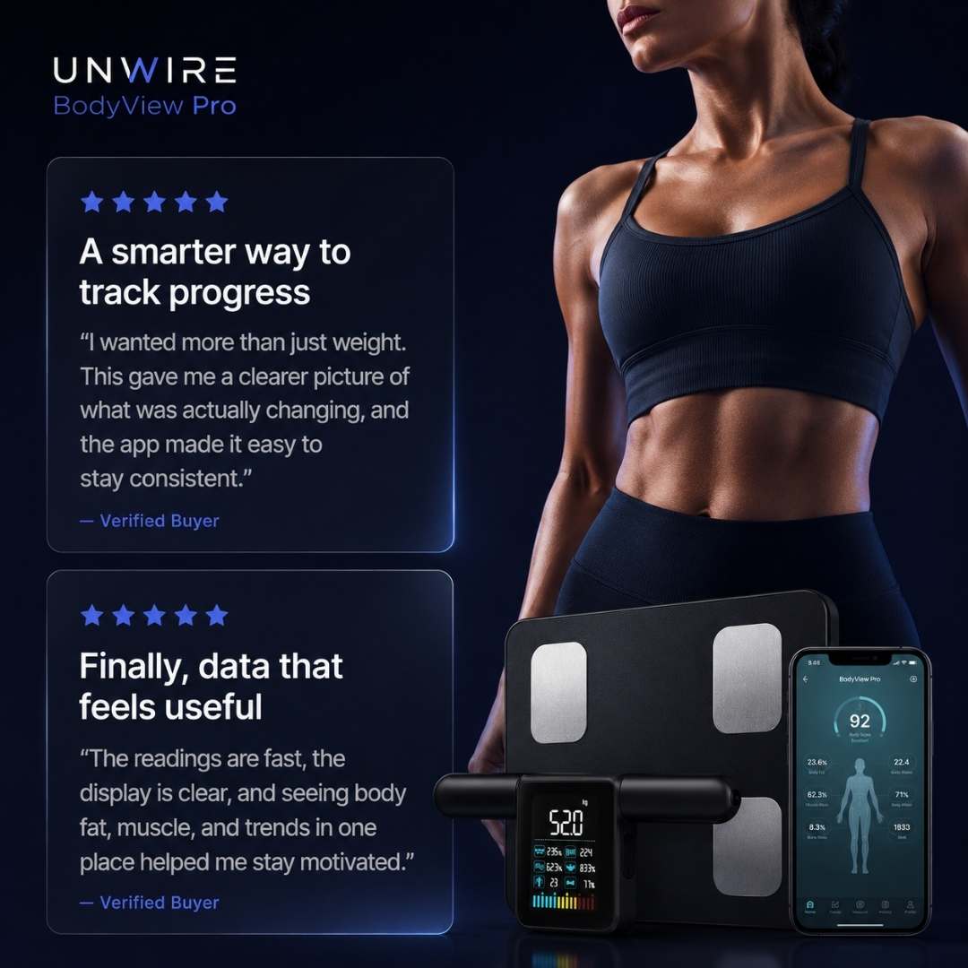 Woman in athletic wear with a digital body fat scale and smartphone displaying health app on a dark background, featuring UNWIRE BodyView Pro.