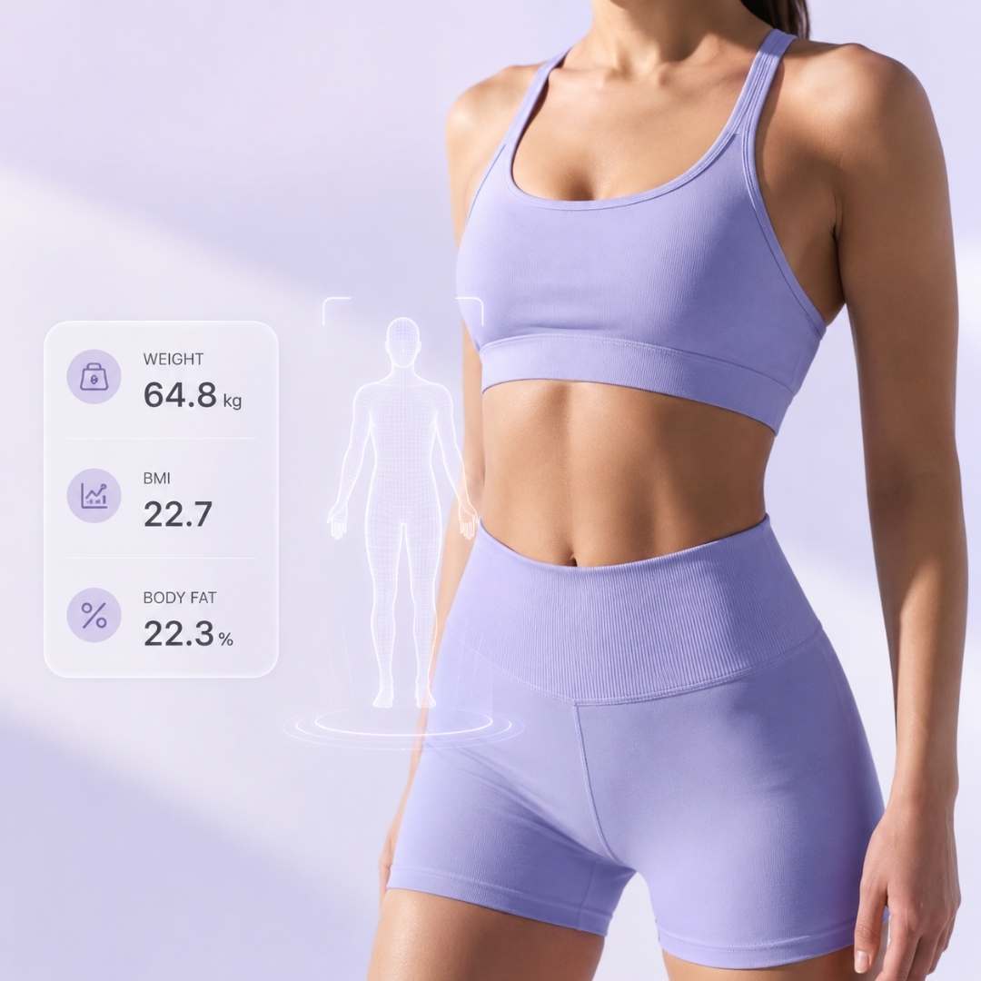 Person wearing a purple sports bra and shorts with fitness stats displayed on a light purple background