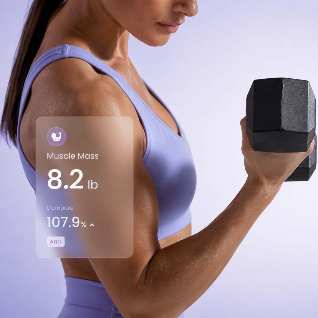 Woman lifting a dumbbell with a digital overlay showing muscle mass measurement.