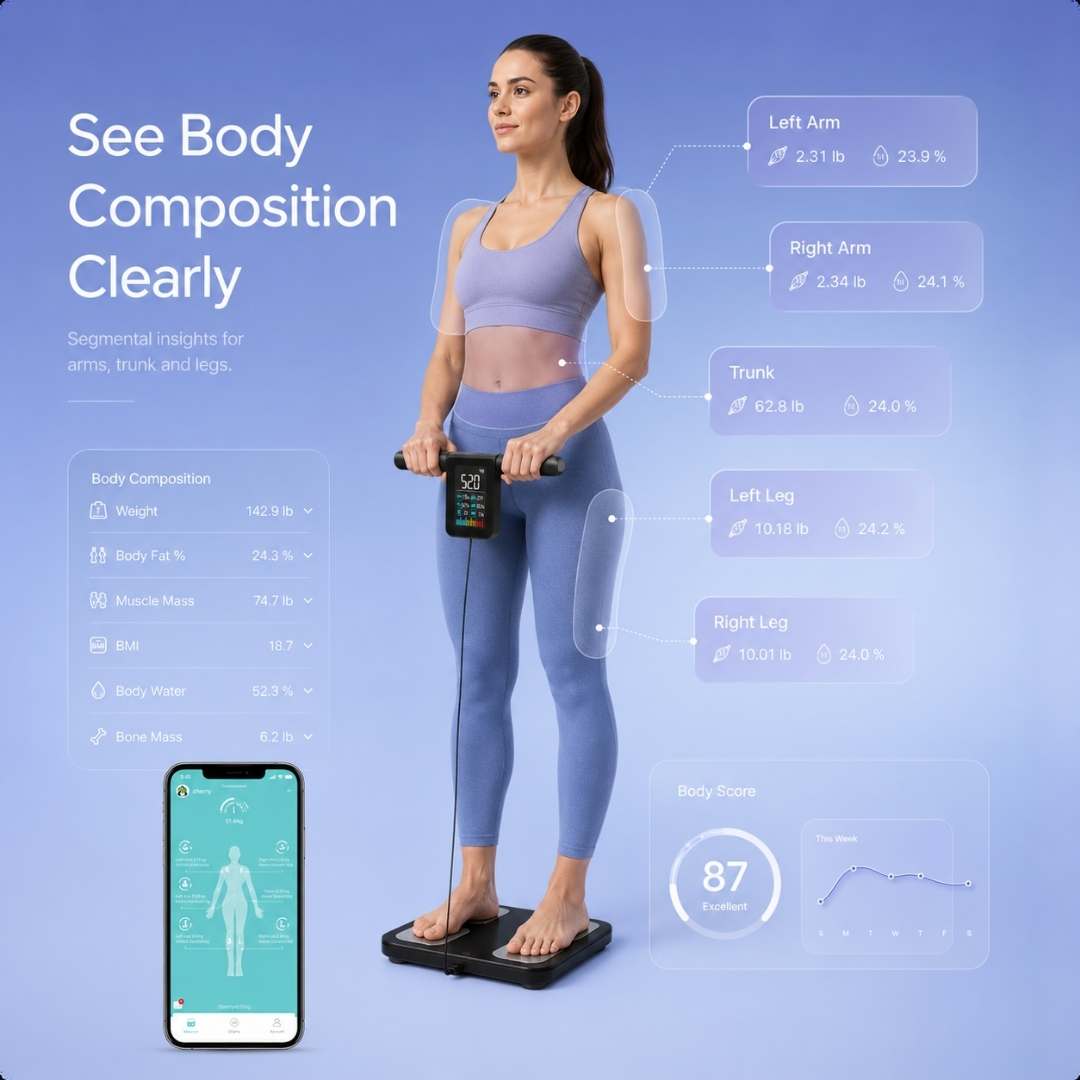 Woman using a body composition scanner with digital interface on a blue background