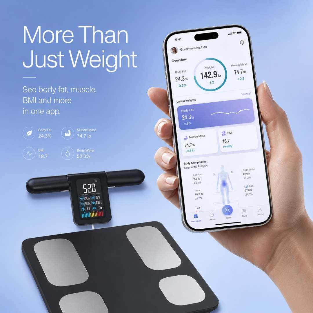 Smart body composition scale app dashboard showing weight BMI body fat muscle mass and water metrics