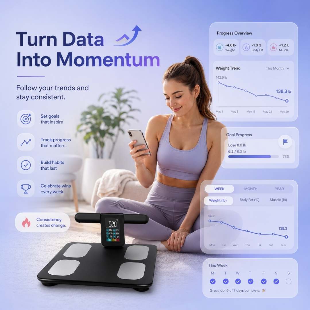 Woman using a smartphone with fitness tracking app on a smart scale, with graphs and stats displayed.