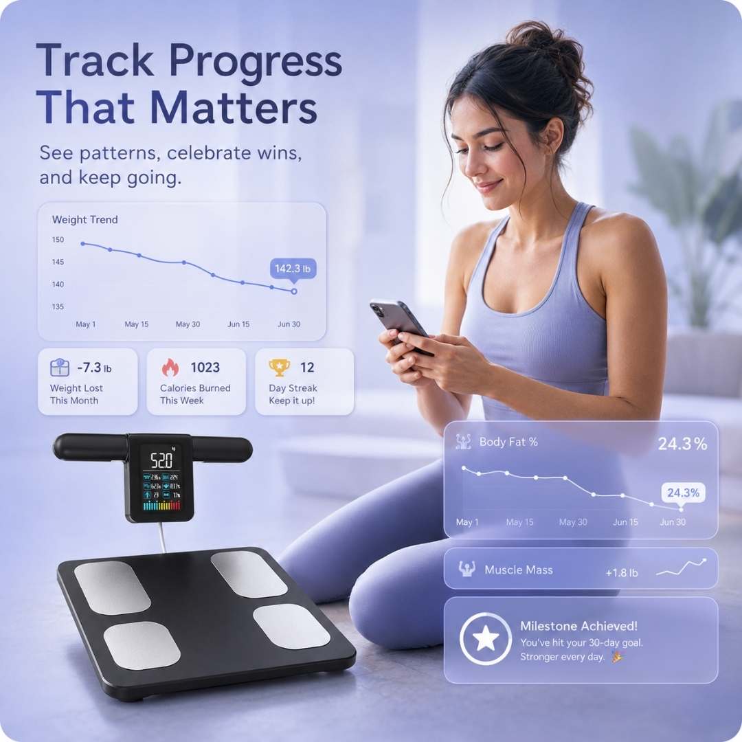 Woman using a smartphone with a fitness tracking device on a scale, displaying health metrics.