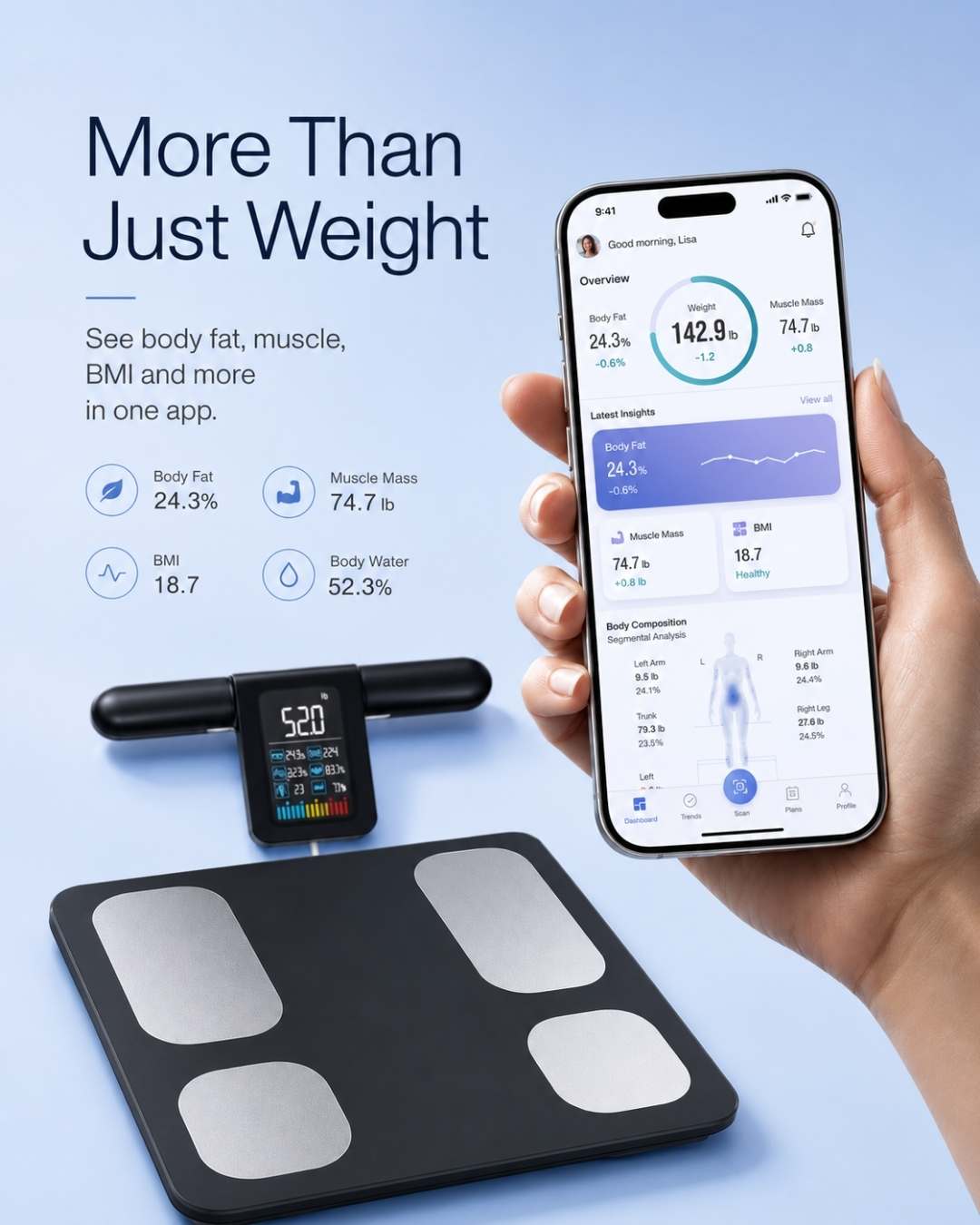 unwire bodyview pro smart body fat scale with app in the mobile phone on the side