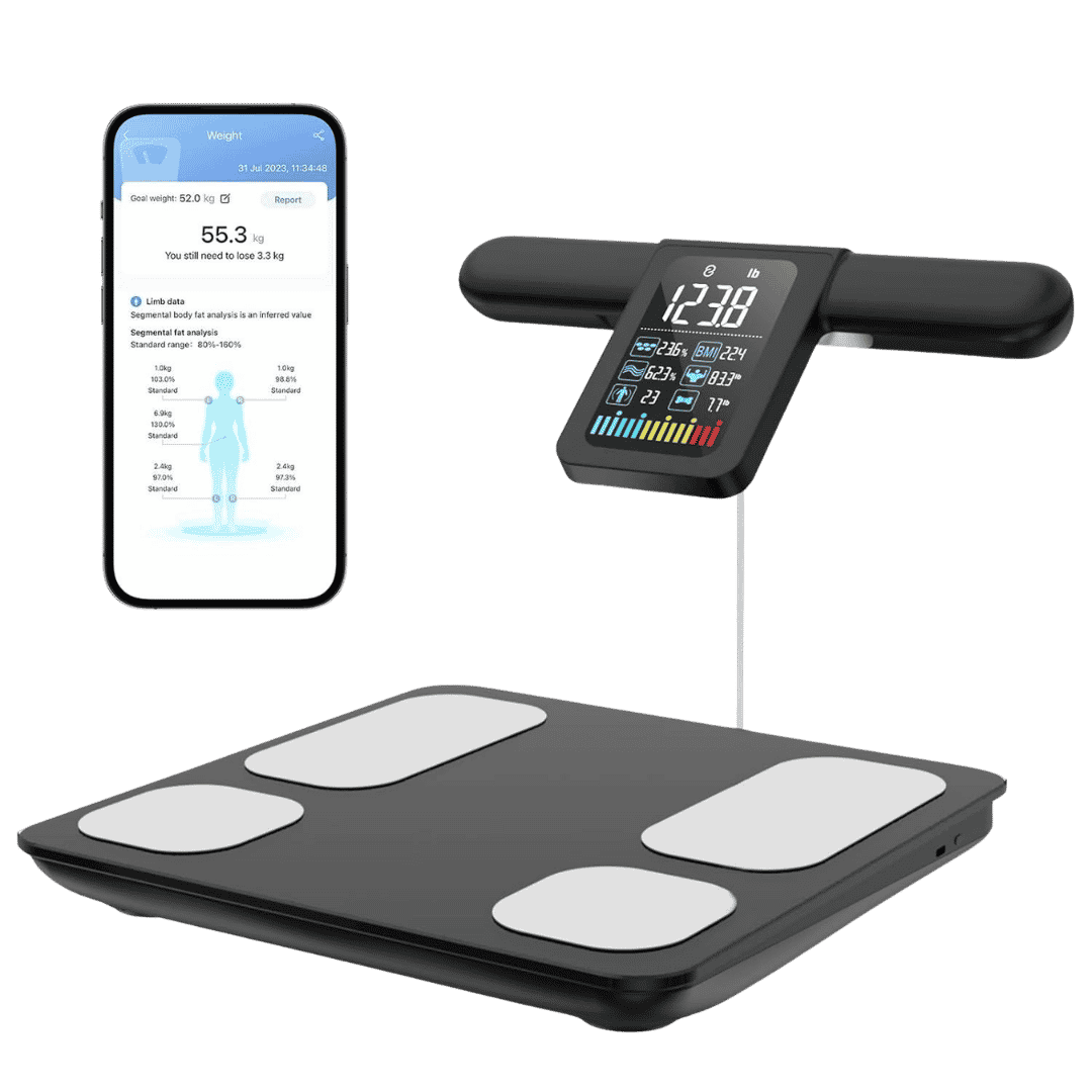 Body fat analyzer with smartphone displaying app on a green background