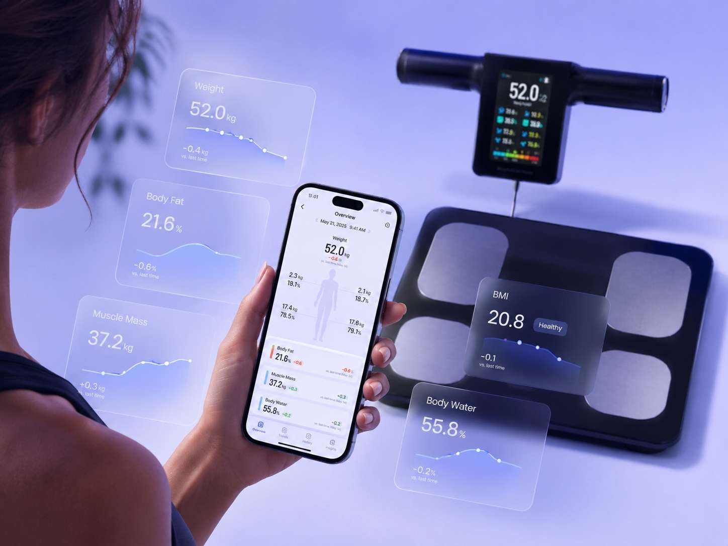 Person using a smartphone app to monitor health data on a smart scale.
