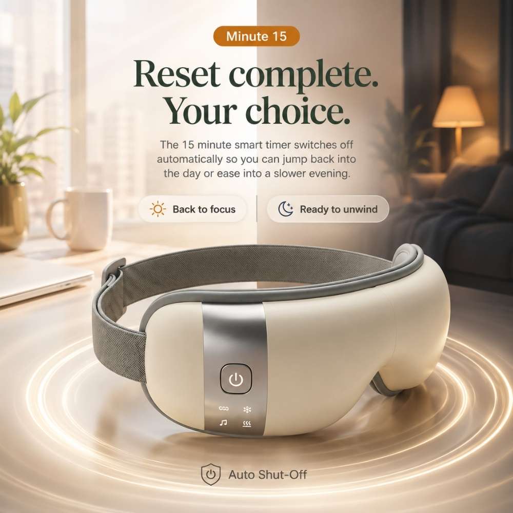 White and gray electronic device on a surface with text about a 15-minute timer.