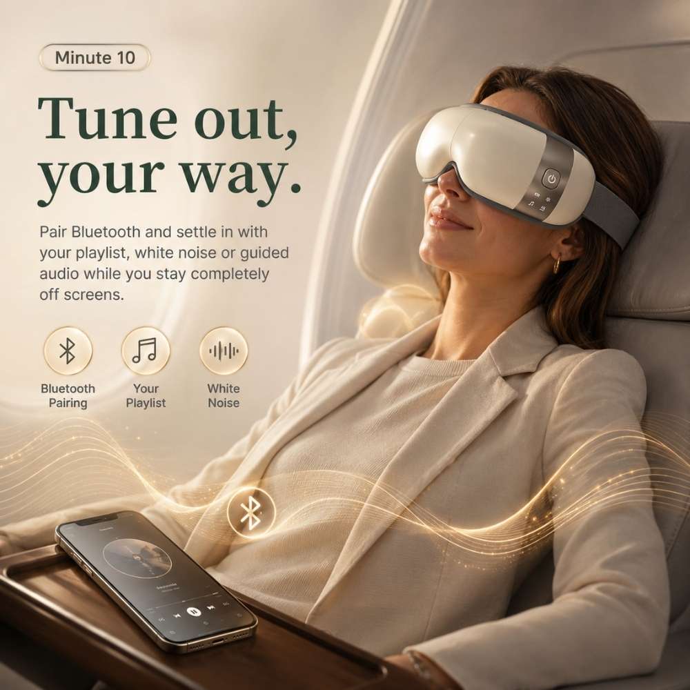 Woman wearing a sleep mask with a phone beside her, text about Bluetooth pairing and sound features.