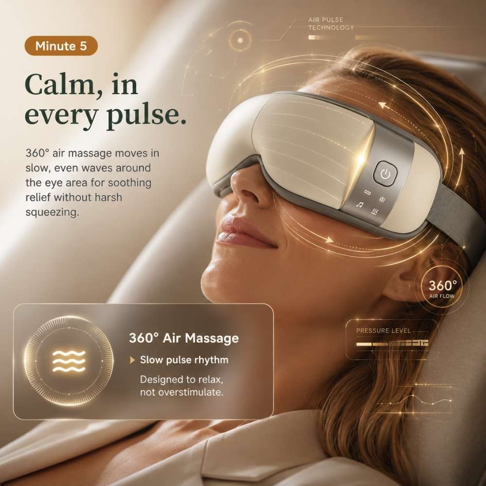 Woman wearing an eye mask with massage technology, text about 360° air massage.