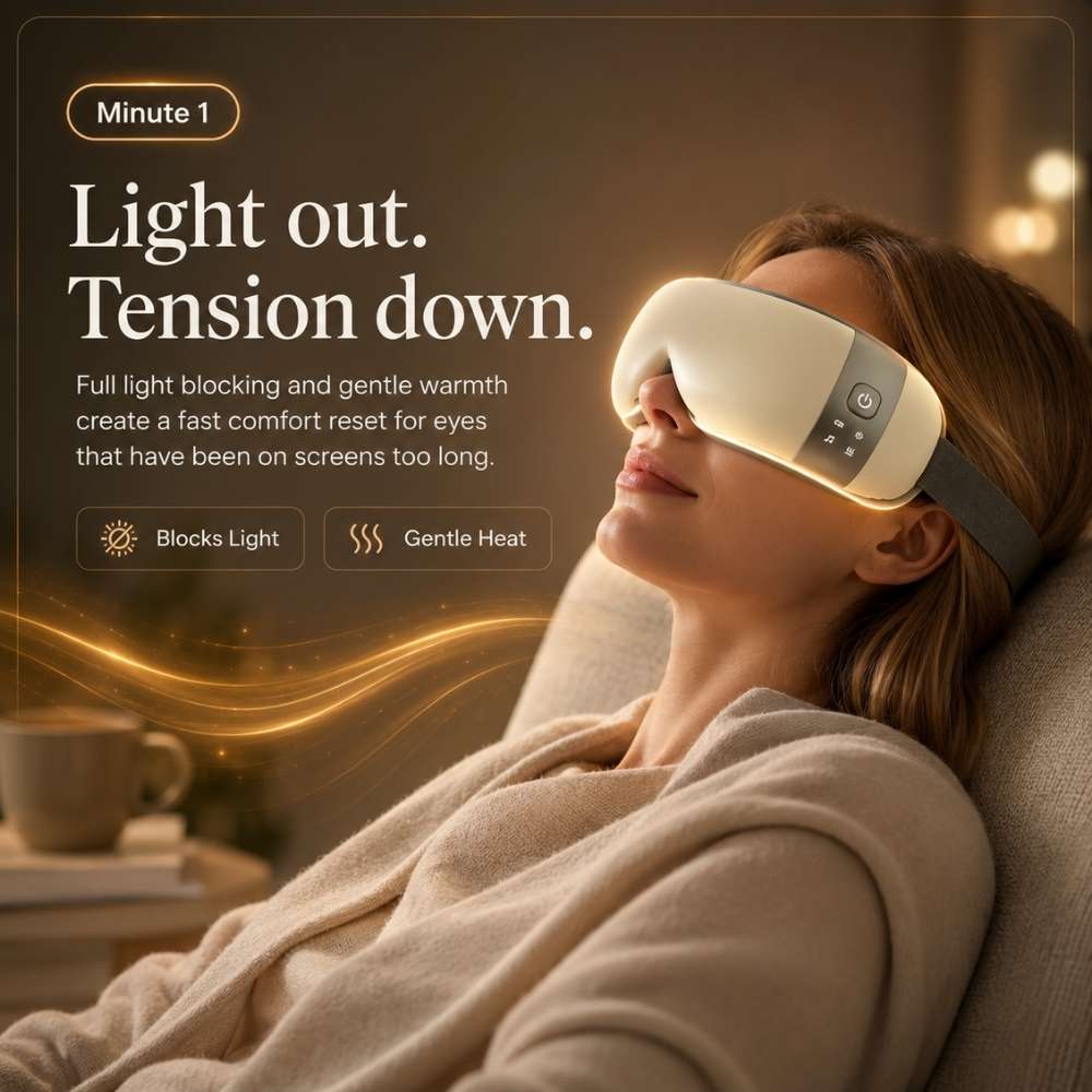 Woman wearing a sleep mask with text about light blocking and gentle warmth, in a cozy indoor setting.