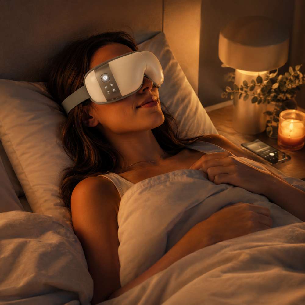 Woman lying in bed wearing a sleep mask with a warm, cozy ambiance.