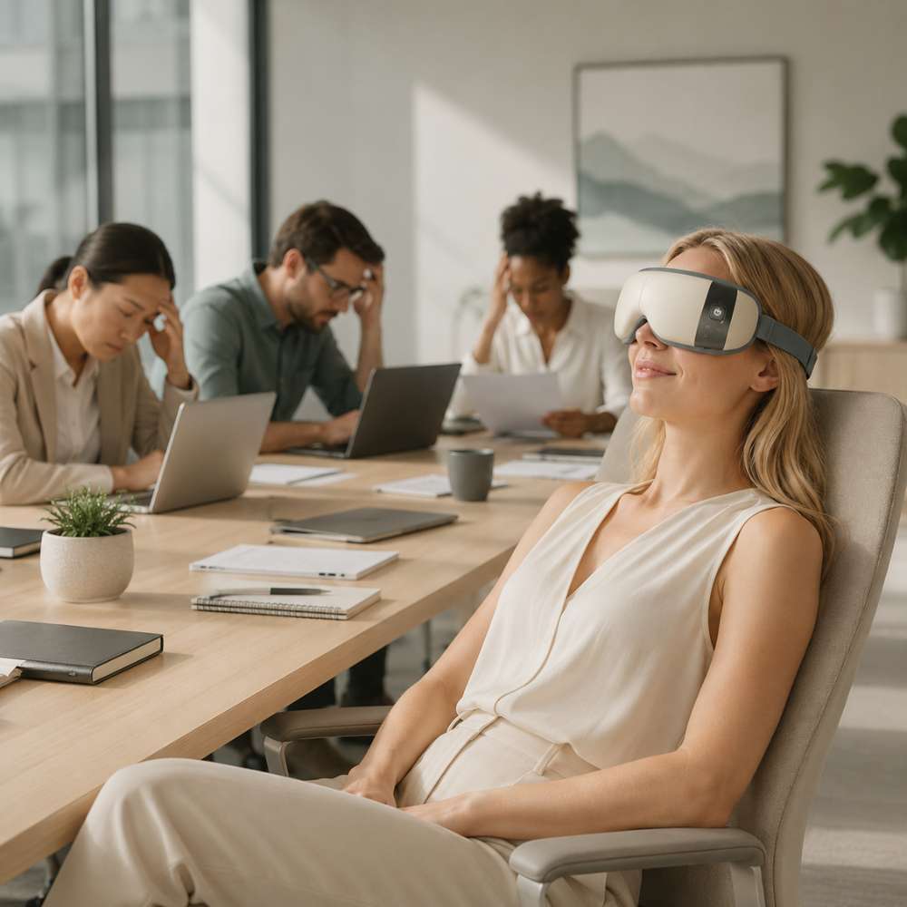 Woman wearing a sleep mask in an office setting with colleagues working in the background