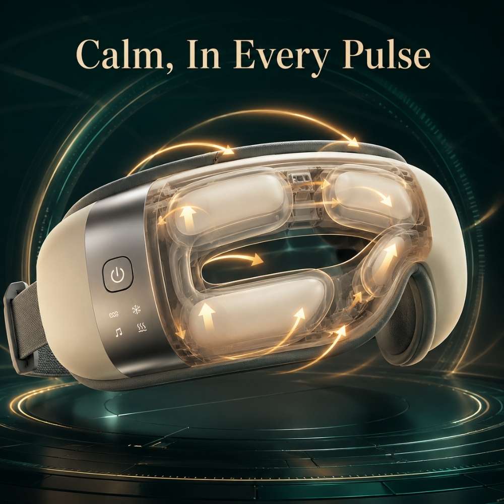 unwire eye mask with 'Calm, In Every Pulse' text on a dark background