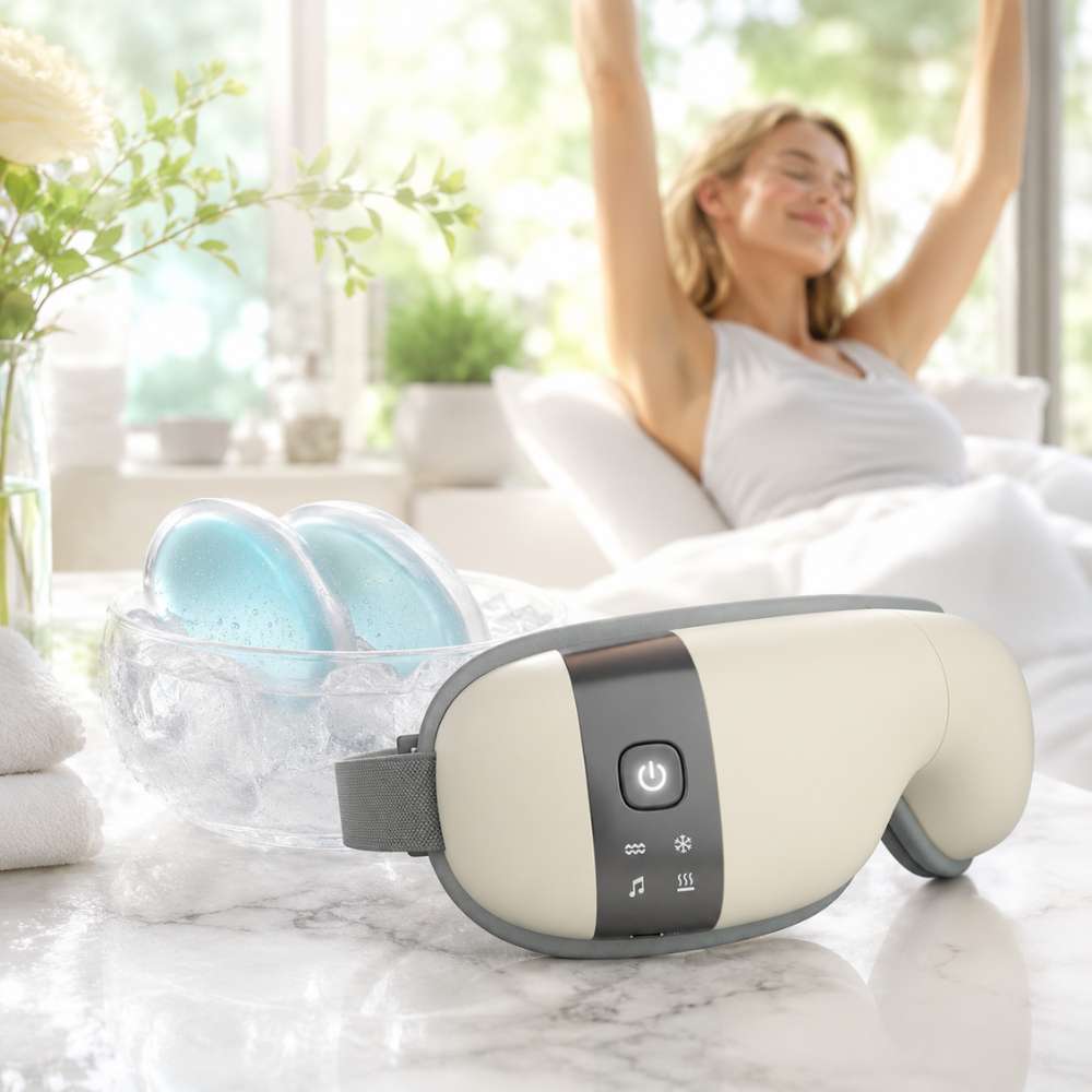 Woman relaxing with a neck massager on a marble surface, with a blurred indoor background.