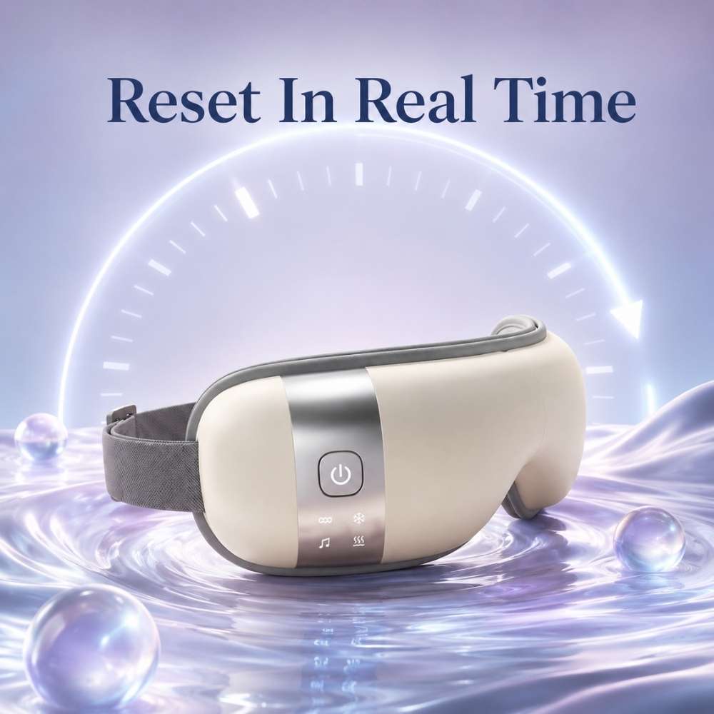 White and gray device with power button on a light blue background with swirling effects
