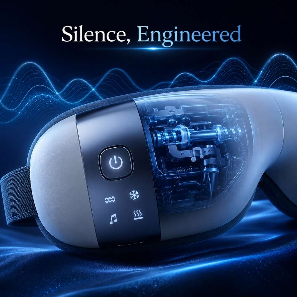 White and gray device with control buttons on a dark background, featuring the text 'Silence, Engineered'.