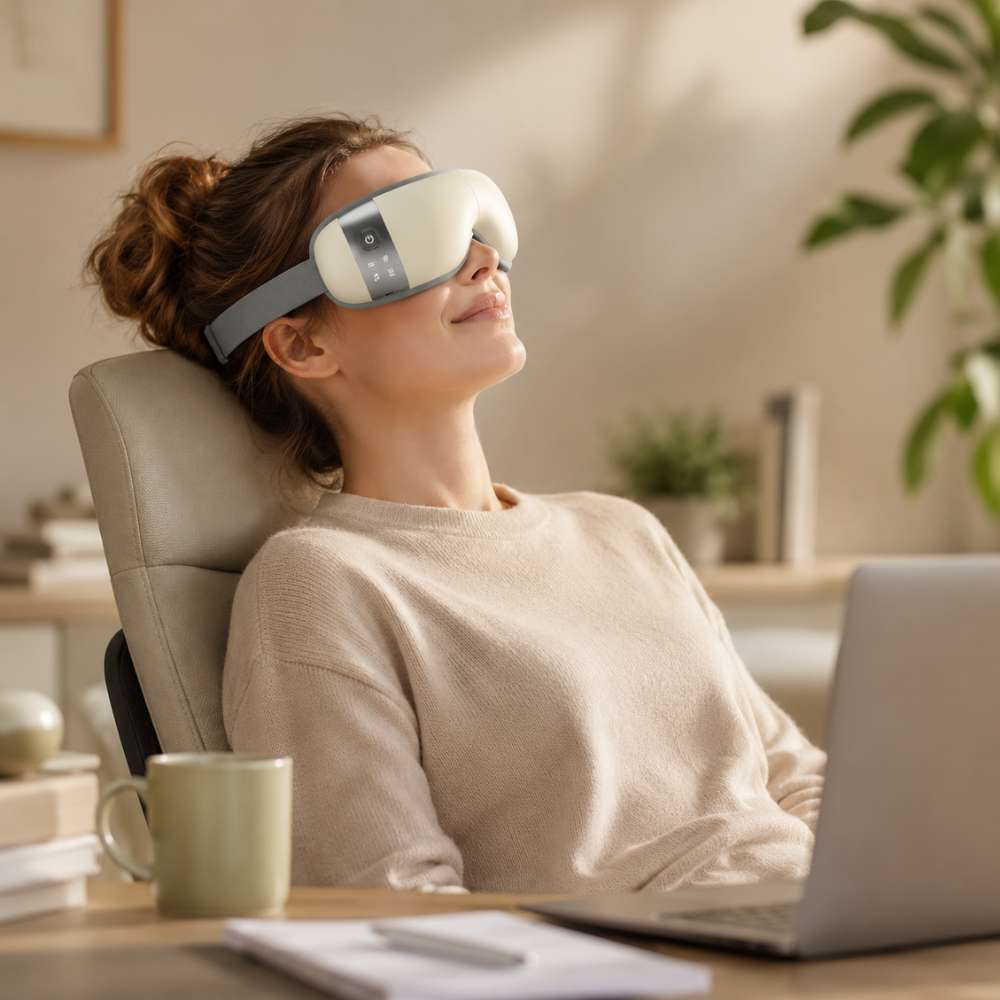 Woman wearing an eye mask in a home office setting with a laptop and mug on the desk.