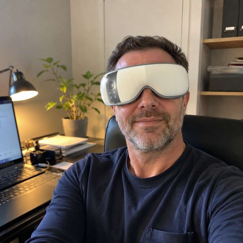 Man wearing a sleep mask in an office setting with a laptop and desk.