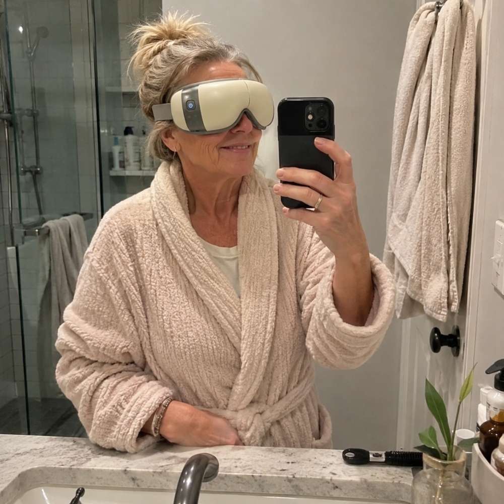 Woman in a robe using a smartphone in a bathroom setting