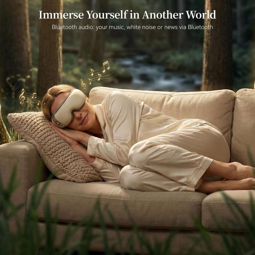 Person lying on a couch wearing a sleep mask with Bluetooth audio features, surrounded by nature.