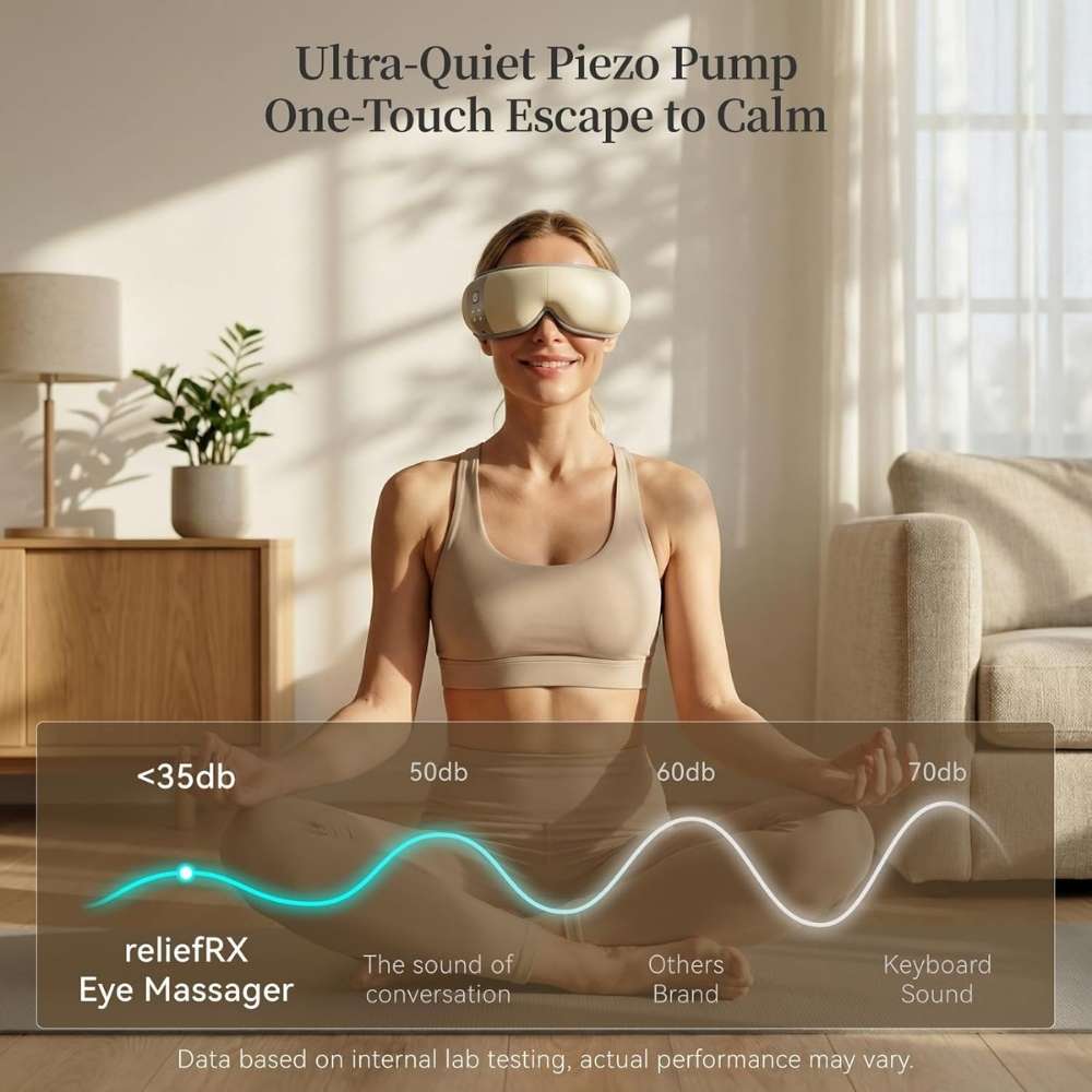 Woman using UNWIRE eye massager mask with text about ultra-quiet piezo pump and sound levels.