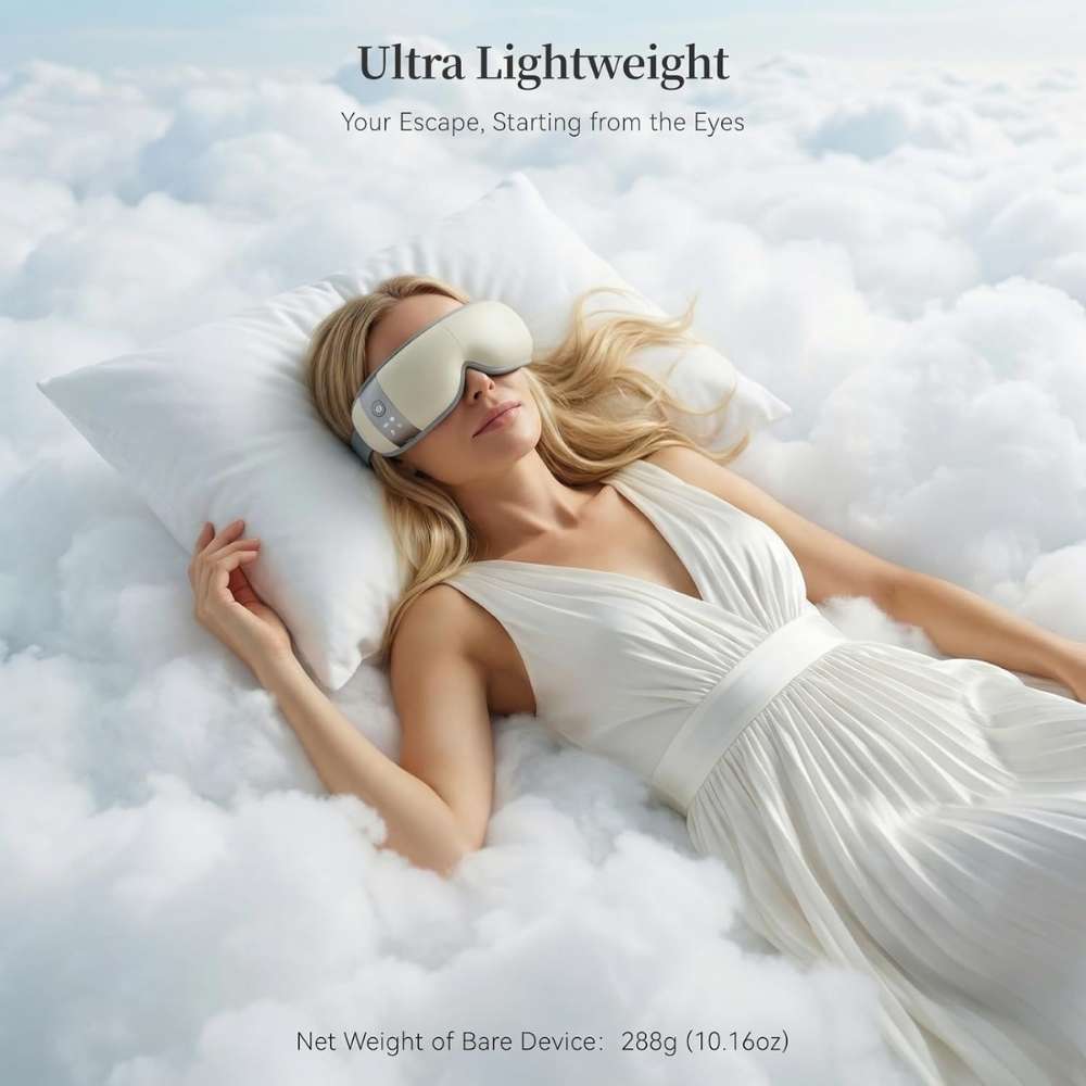Woman wearing UNWIRE eye massager mask in a cloud-like setting with text about ultra-lightweight product.