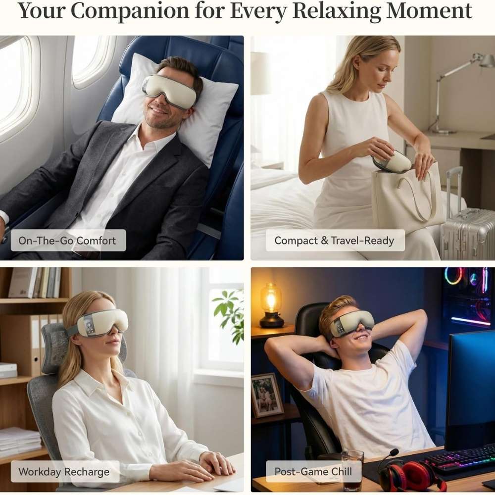 Collage of people using UNWIRE eye massager mask in various settings with text describing their uses.