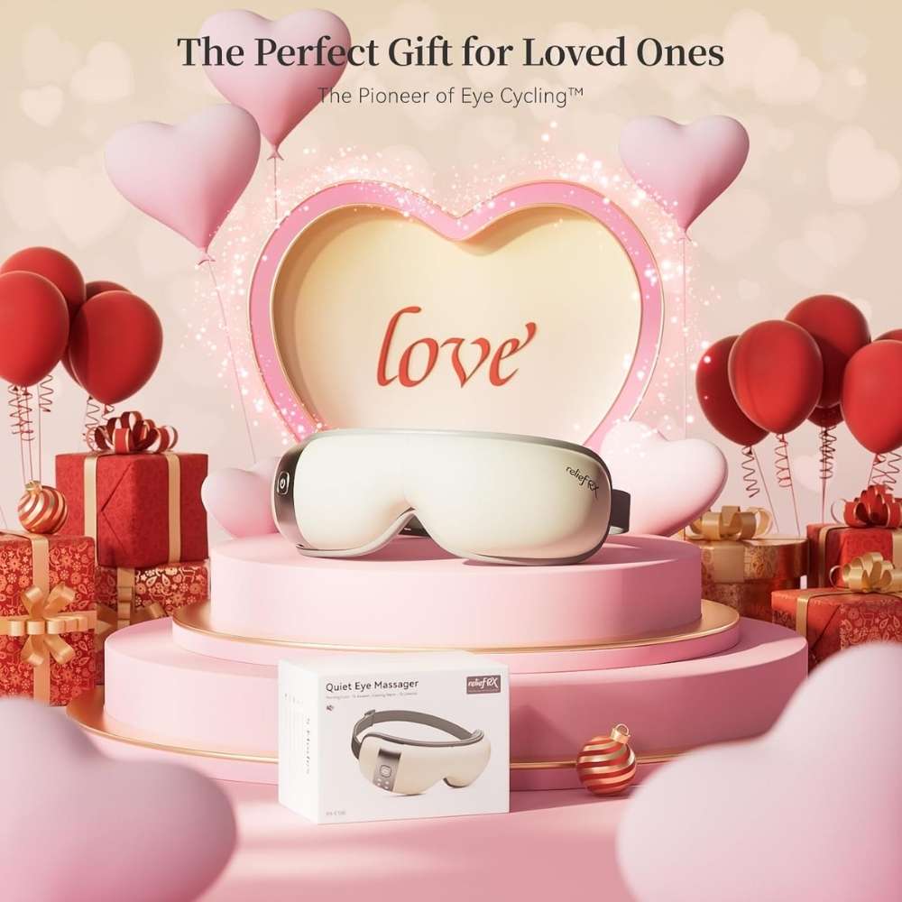 UNWIRE eye massager mask with 'love' heart and balloons on a pink background