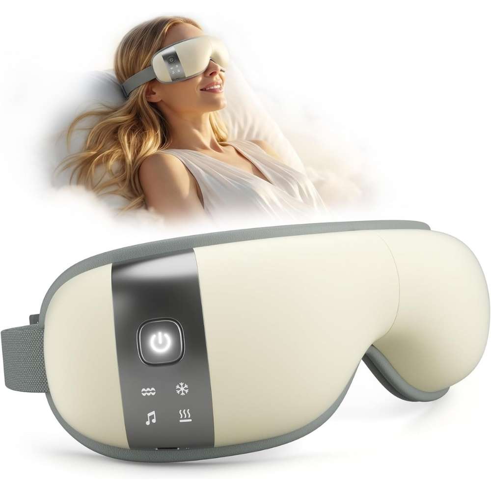 UNWIRE eye massager mask hero image with a woman wearing the device
